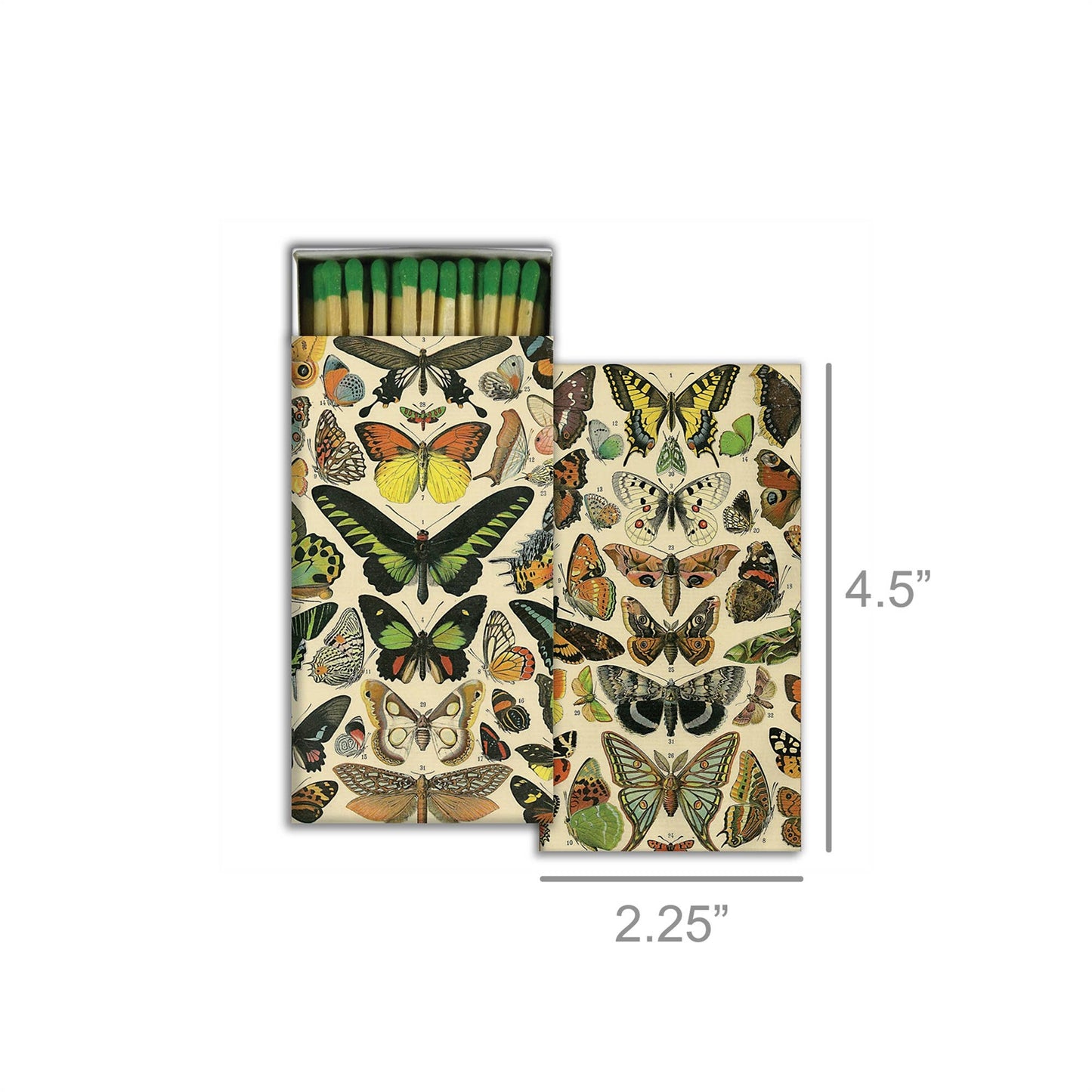 Matchbox with butterfly design and dimensions on a white background
