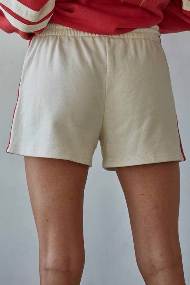 L8598B | Knit Cotton French Terry Wide Leg Shorts: Cream Red