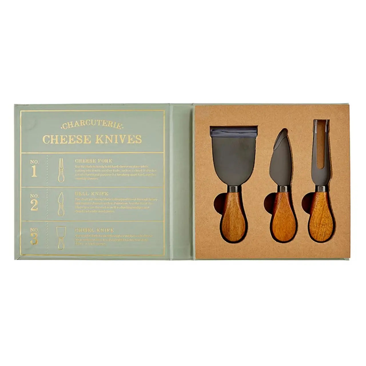 Set of cheese knives with wooden handles in a box labeled 'Cheese Knives'.