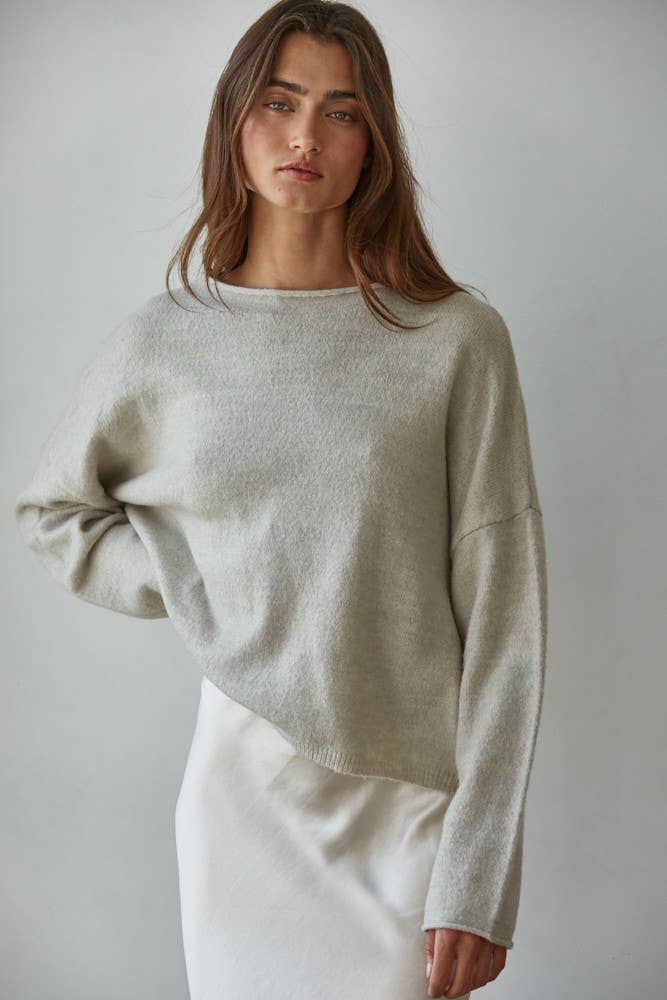 W2114 | Knit Sweater Rolled Round Neck Pullover Top: Off White / L