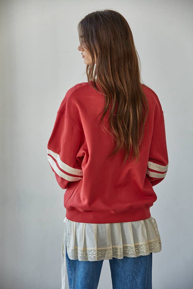 L8598T | Knit Cotton French Terry Crew Neck Pullover: Dusty Red