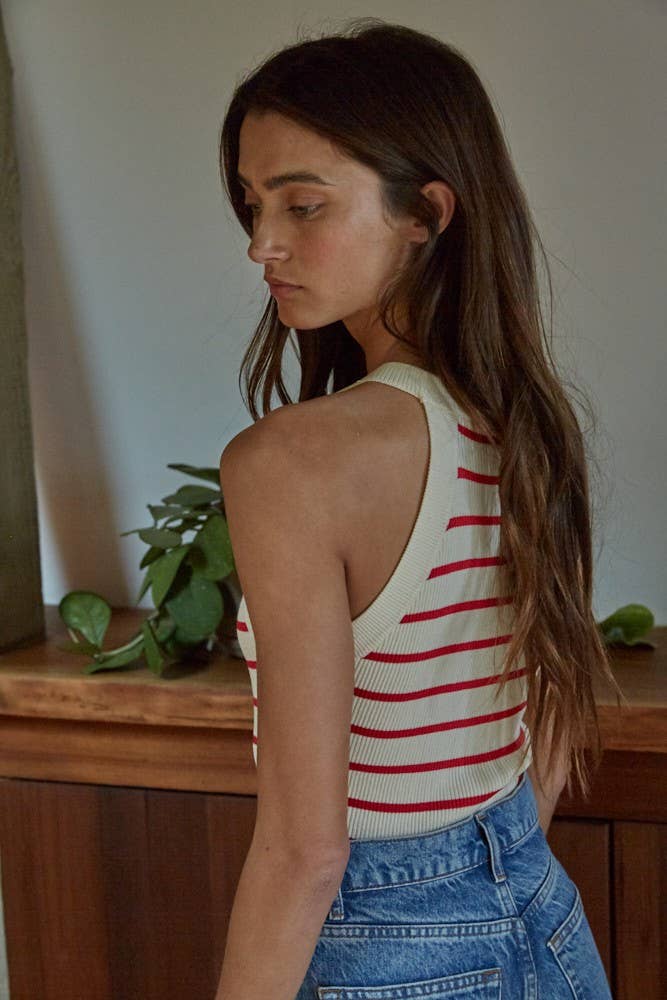 W1651 | Knit Sweater Ribbed Striped Tank Top: Cream Black