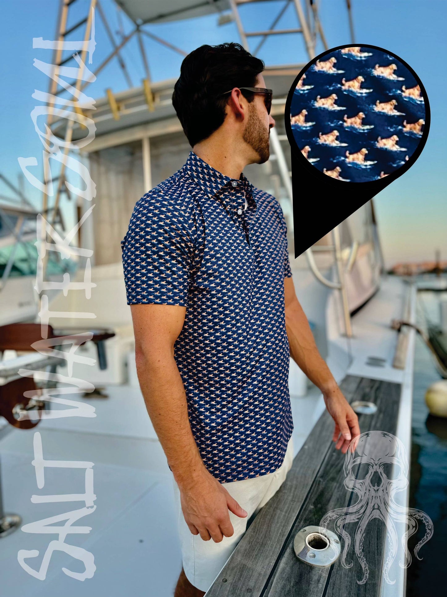 Man wearing a blue patterned shirt on a boat with a close-up of the shirt's pattern.