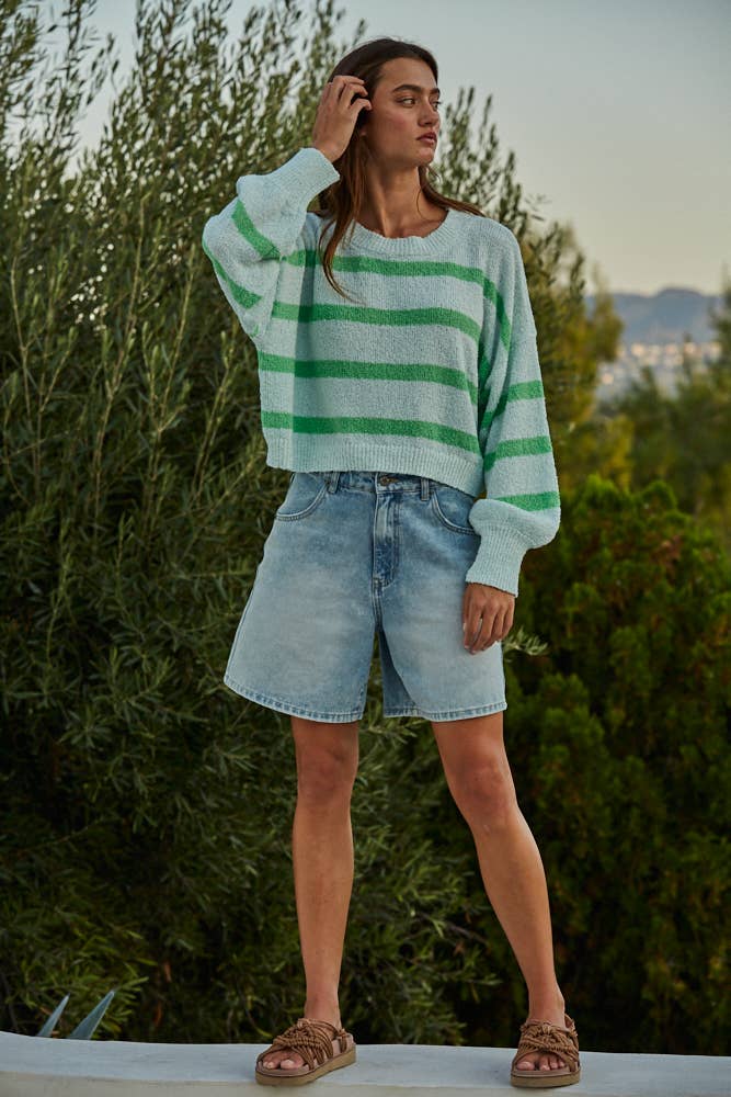 W1856 | Knit Sweater Striped Crewneck Long Sleeve Top: Light Mint Green