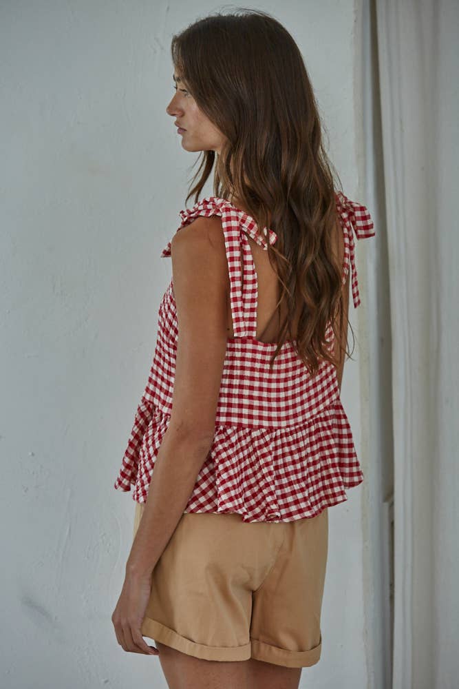 Red Gingham Print Sleeveless Peplum Top