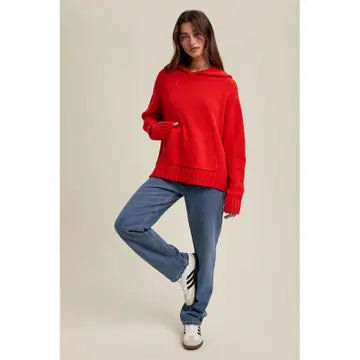 RED hooded knit sweater