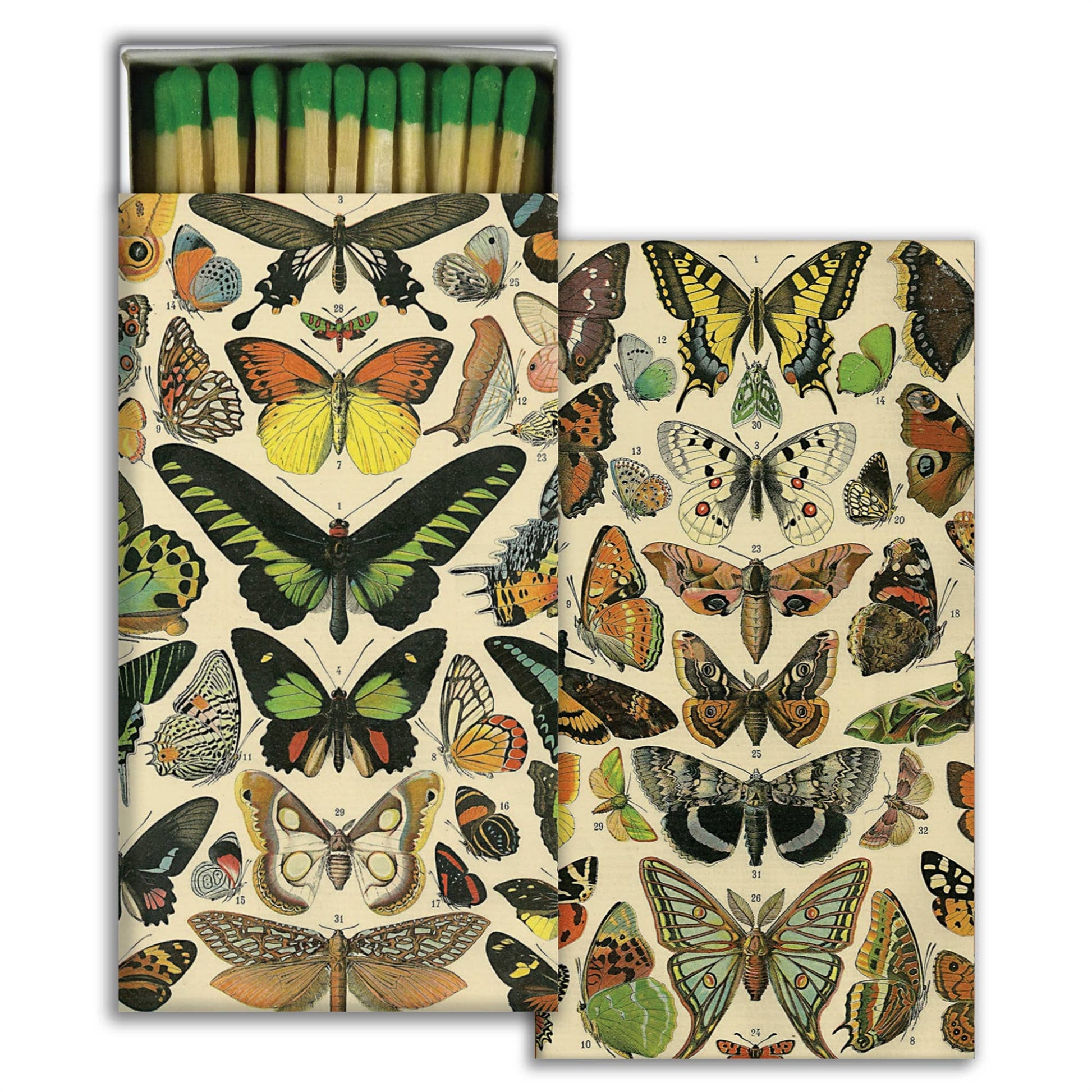 Matchbox with butterfly design on a white background