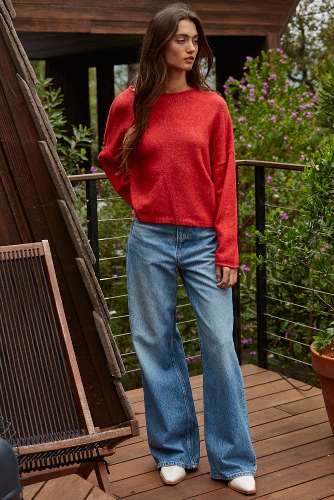 W2114 | Knit Sweater Rolled Round Neck Pullover Top: Off White / L