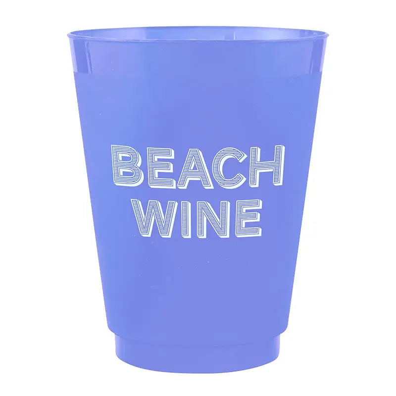 Blue plastic cup with 'BEACH WINE' text on a white background