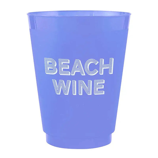 Blue plastic cup with 'BEACH WINE' text on a white background