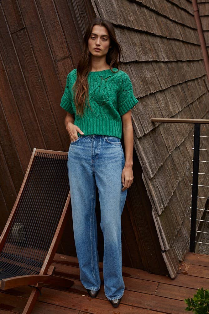 W1124 | Knit Sweater Crochet Round Neck Short Sleeve Top: Cream