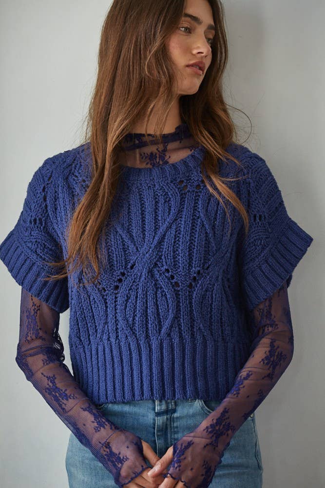 W1124 | Knit Sweater Crochet Round Neck Short Sleeve Top: Cream