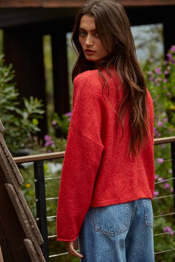 W2114 | Knit Sweater Rolled Round Neck Pullover Top: Off White / L