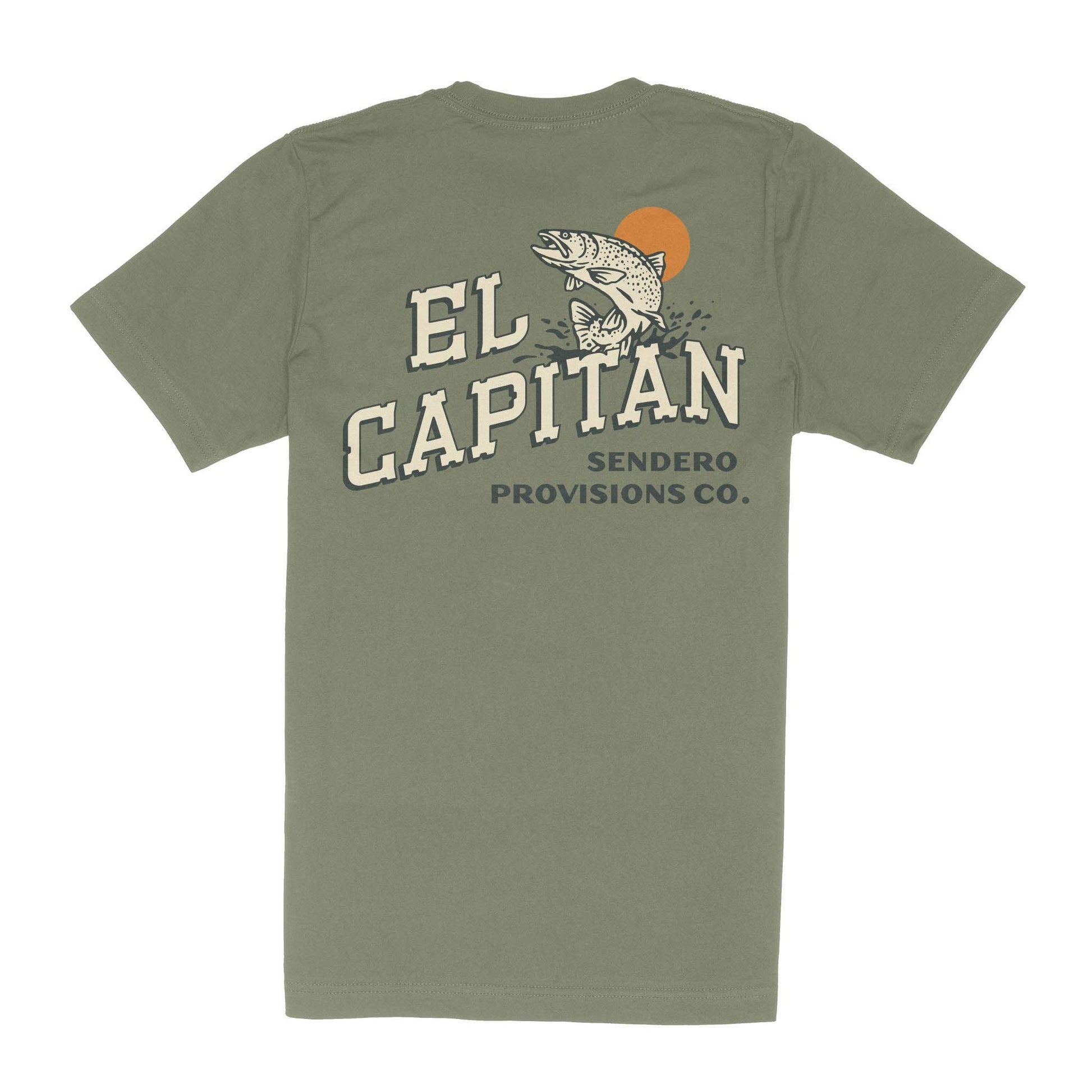 Green t-shirt with 'El Capitan' branding on a white background