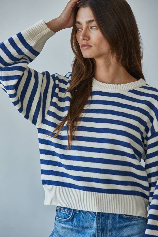 Knit Sweater Nylon Wool Acrylic Striped Pullover: Cream Navy