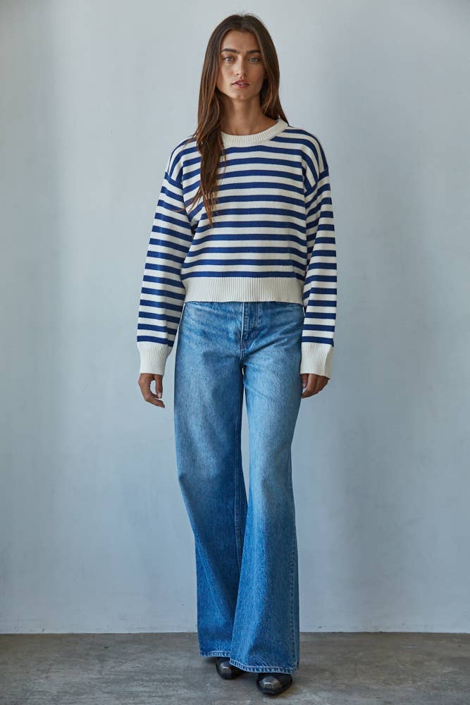 Knit Sweater Nylon Wool Acrylic Striped Pullover: Cream Navy