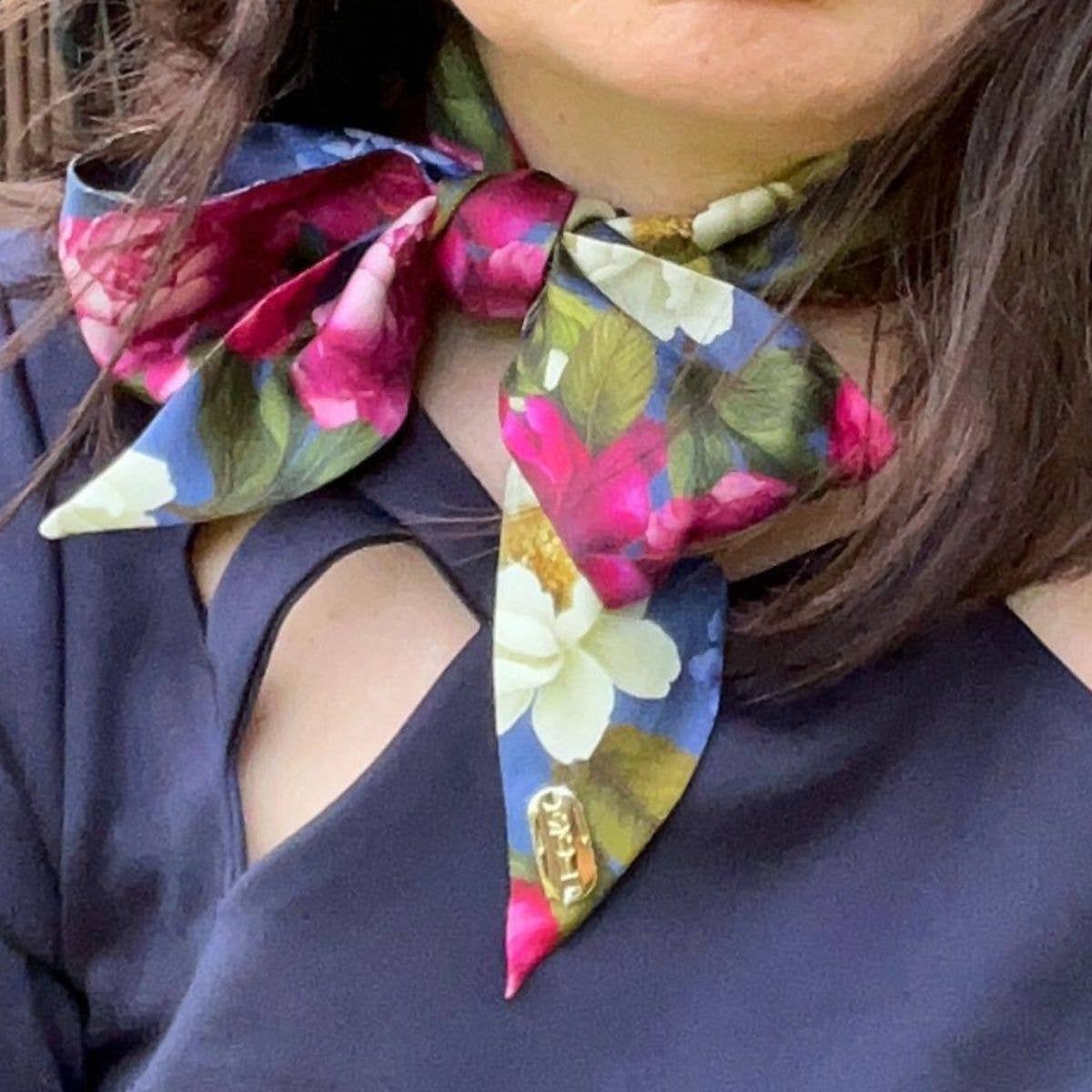 Twilly-Tie Set-Romantic Blue Floral | Wrist Scarf Ring 42": Classic Gold
