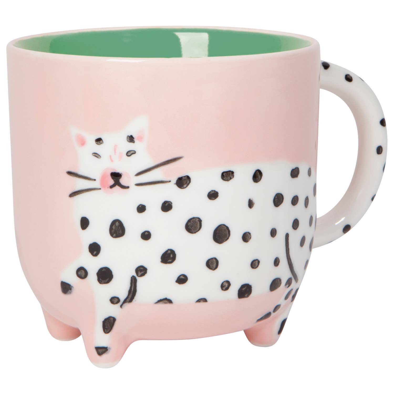 Pink mug with a cat design on a white background