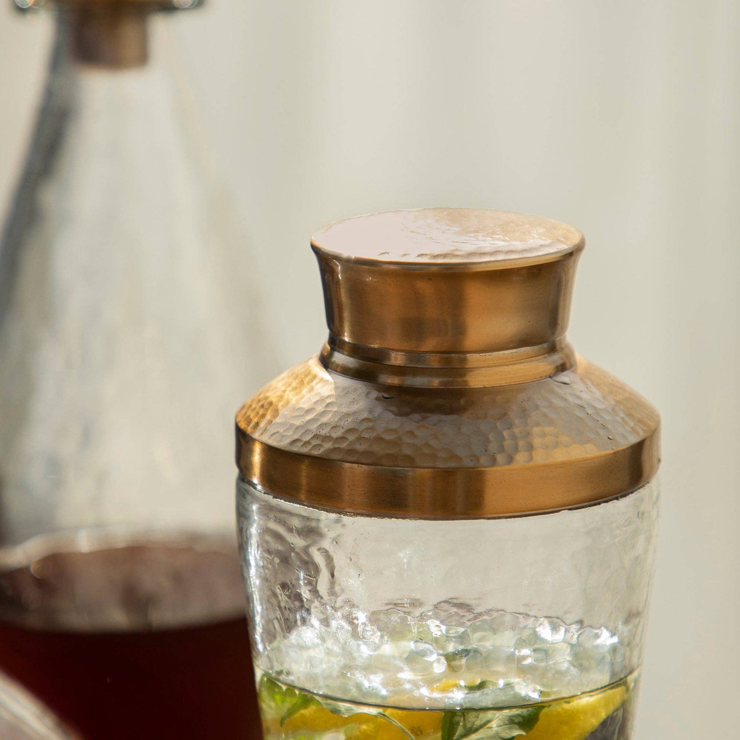 Pebbled Glass Cocktail Shaker with Brass Lid