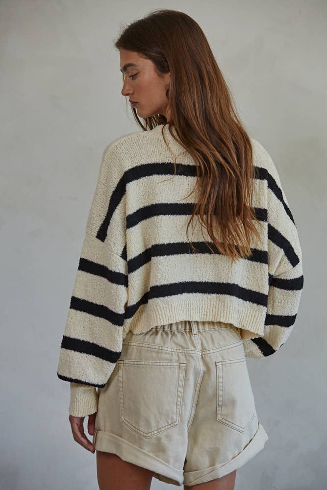 W1856 | Knit Sweater Striped Crewneck Long Sleeve Top: Natural Lime