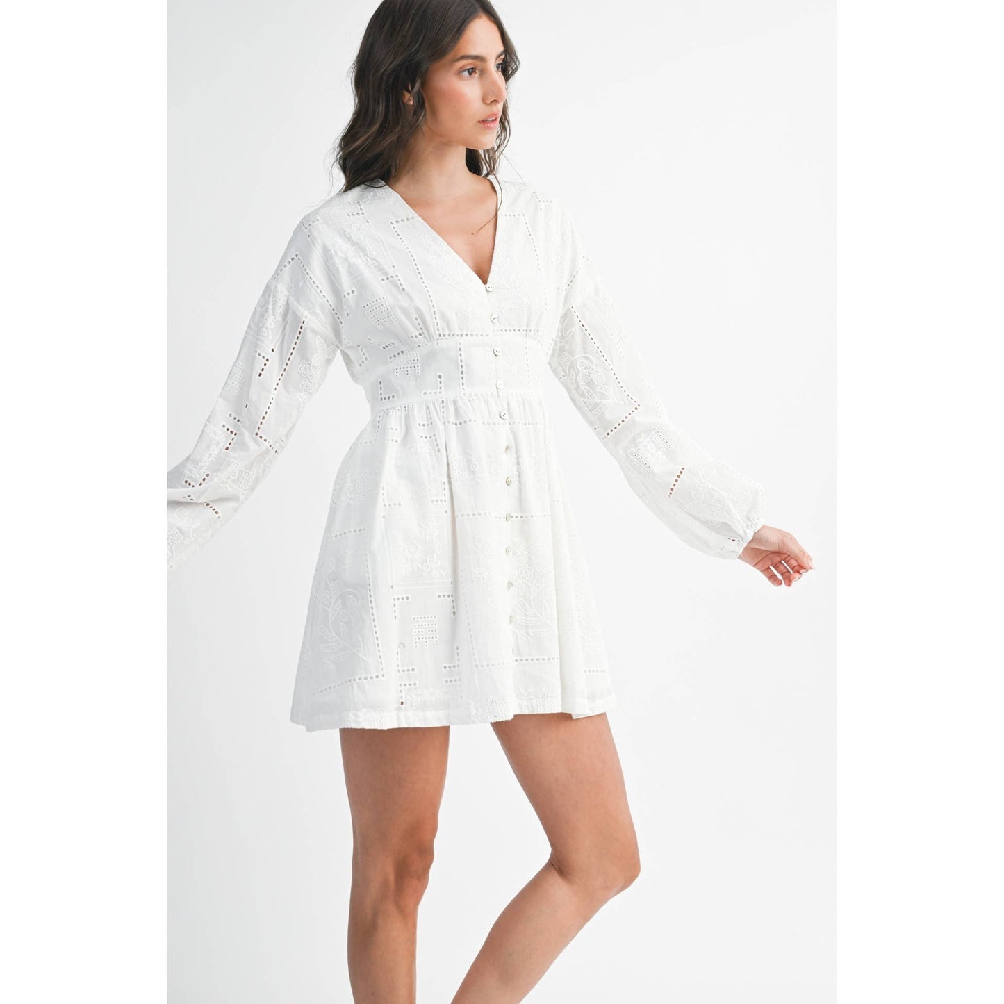 Embroidered Button Down Long Sleeve Mini Dress