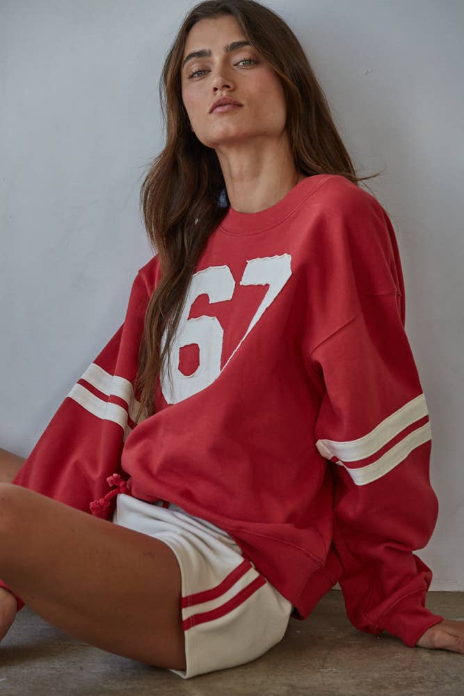 L8598T | Knit Cotton French Terry Crew Neck Pullover: Dusty Red