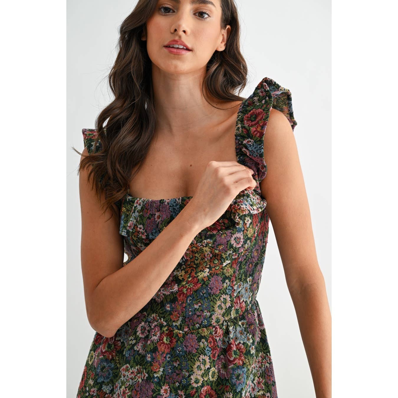 FLORAL JACQUARD RUFFLE MINI DRESS: BLACK/YELLOW MULTI