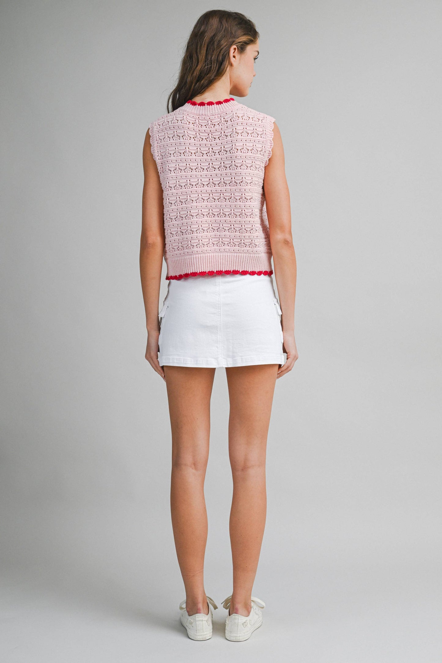Floral Crochet Knit Sleeveless Top: Pink / M
