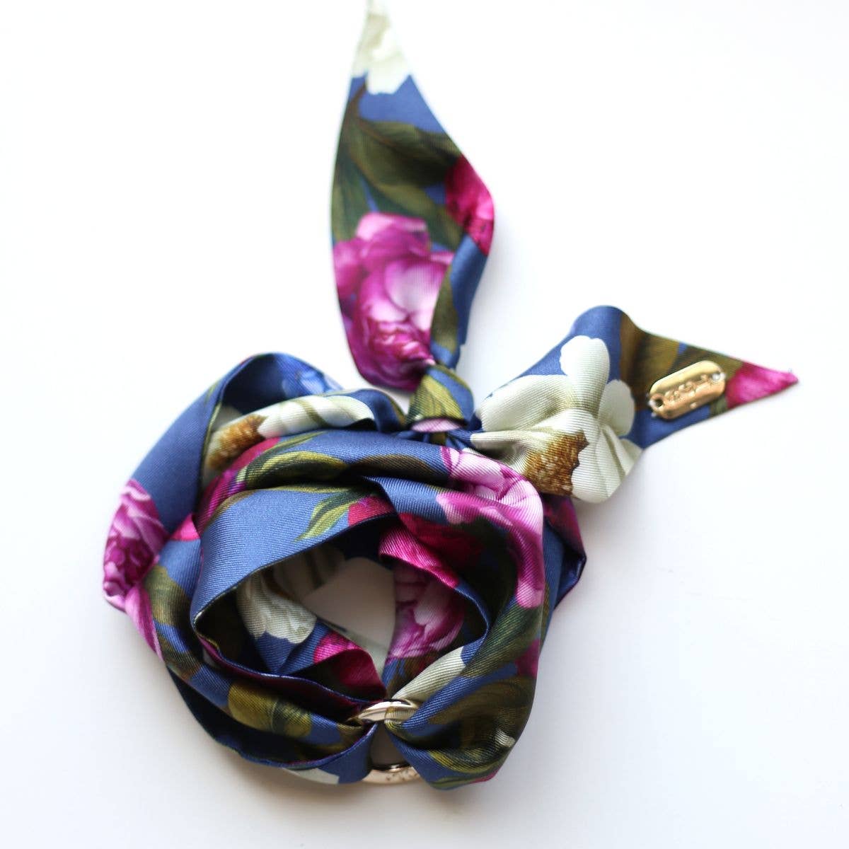 Twilly-Tie Set-Romantic Blue Floral | Wrist Scarf Ring 42": Classic Gold