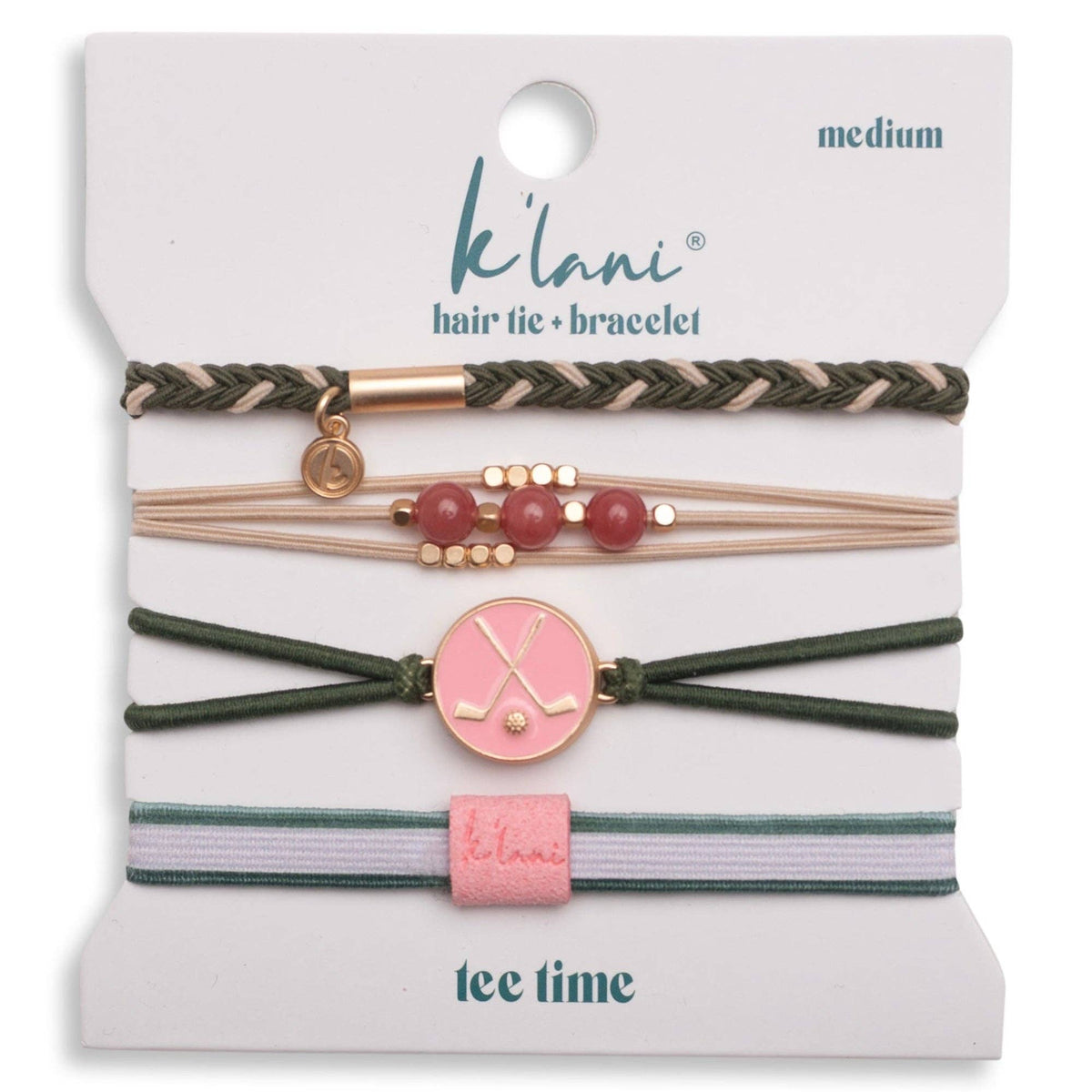 Set of hair ties and bracelets on a 'k'lani' branded card.