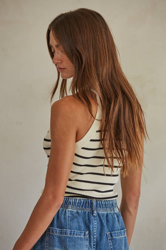 W1651 | Knit Sweater Ribbed Striped Tank Top: Cream Black