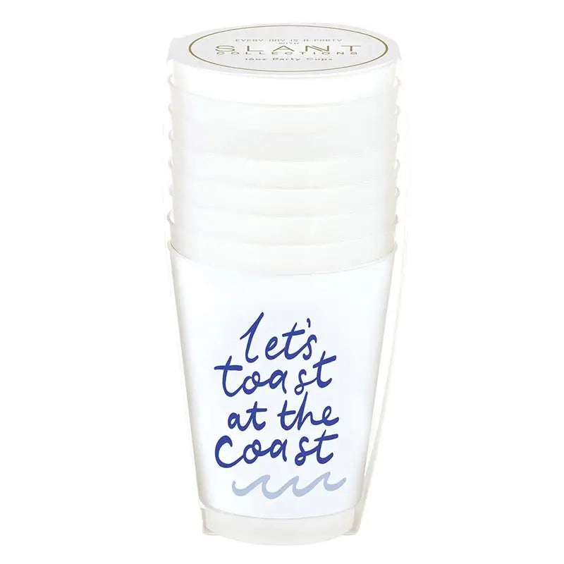 White tumbler with blue text 'Let's Toast at the Coast' on a white background