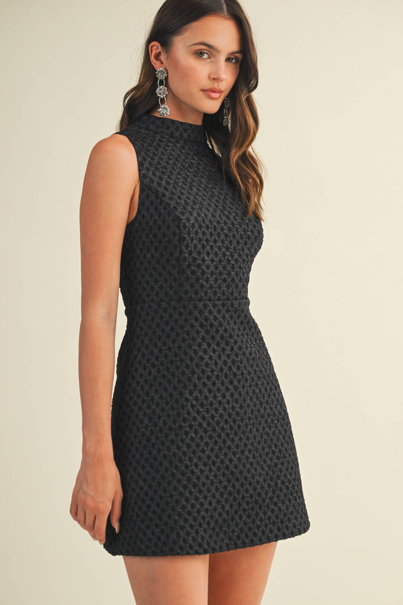 Black Mock neck Sleeveless Textured Dress