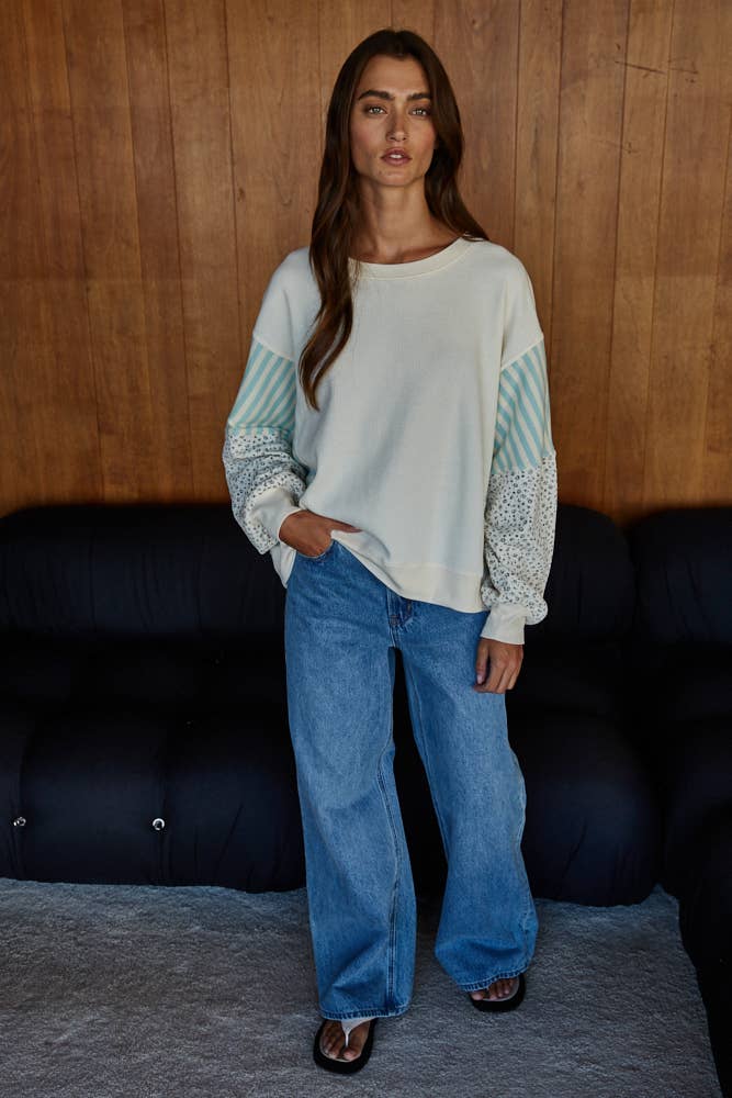 L8697 | Knit Cotton Polyester Striped Floral Long Sleeve: Navy Cream