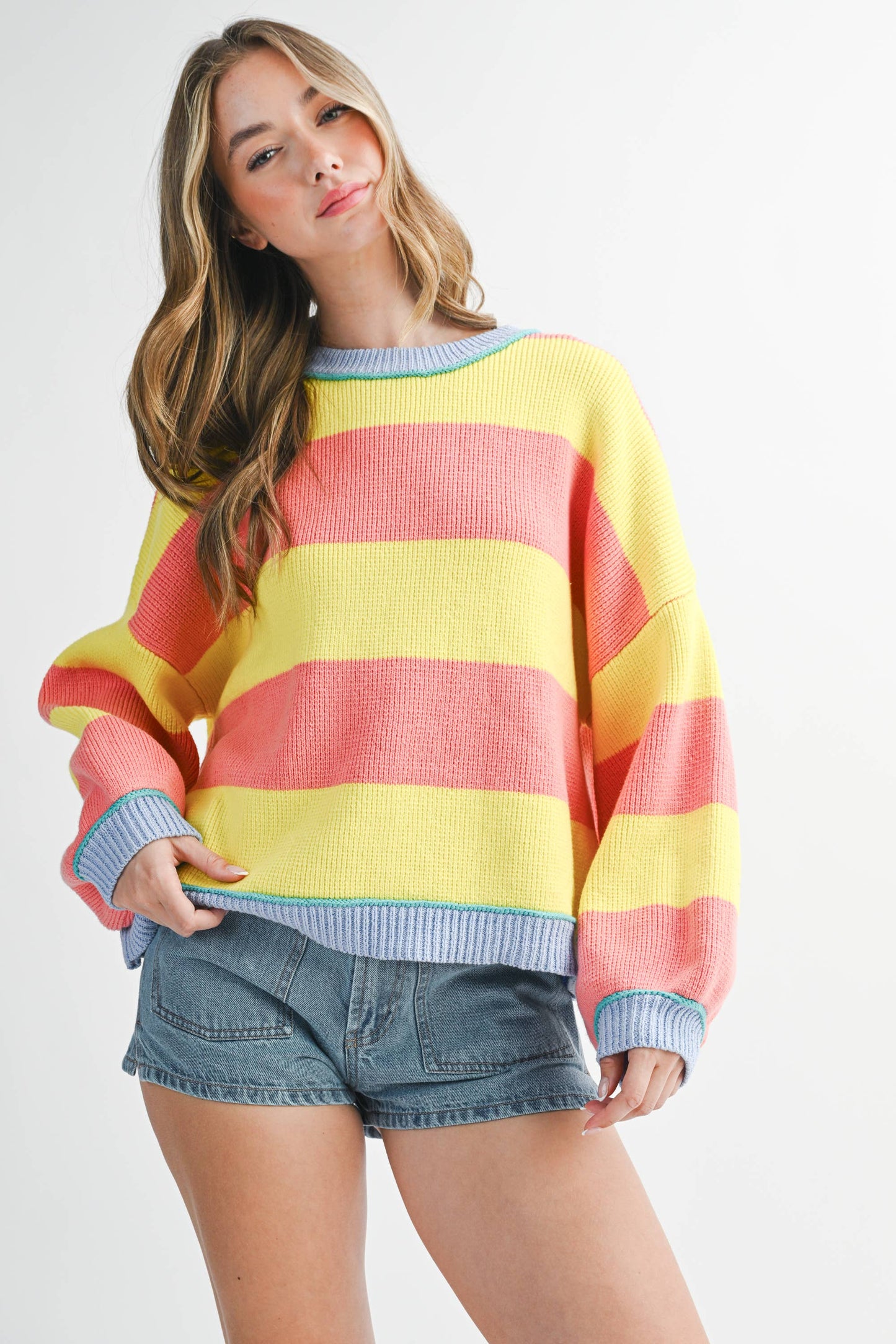 3404GK Striped Knit Crewneck Pullover Sweater: Sunburst / Contemporary