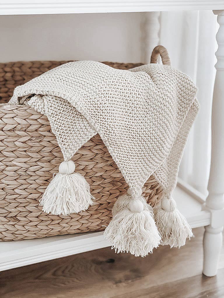 Knit Throw Blanket With Tassels: Cream