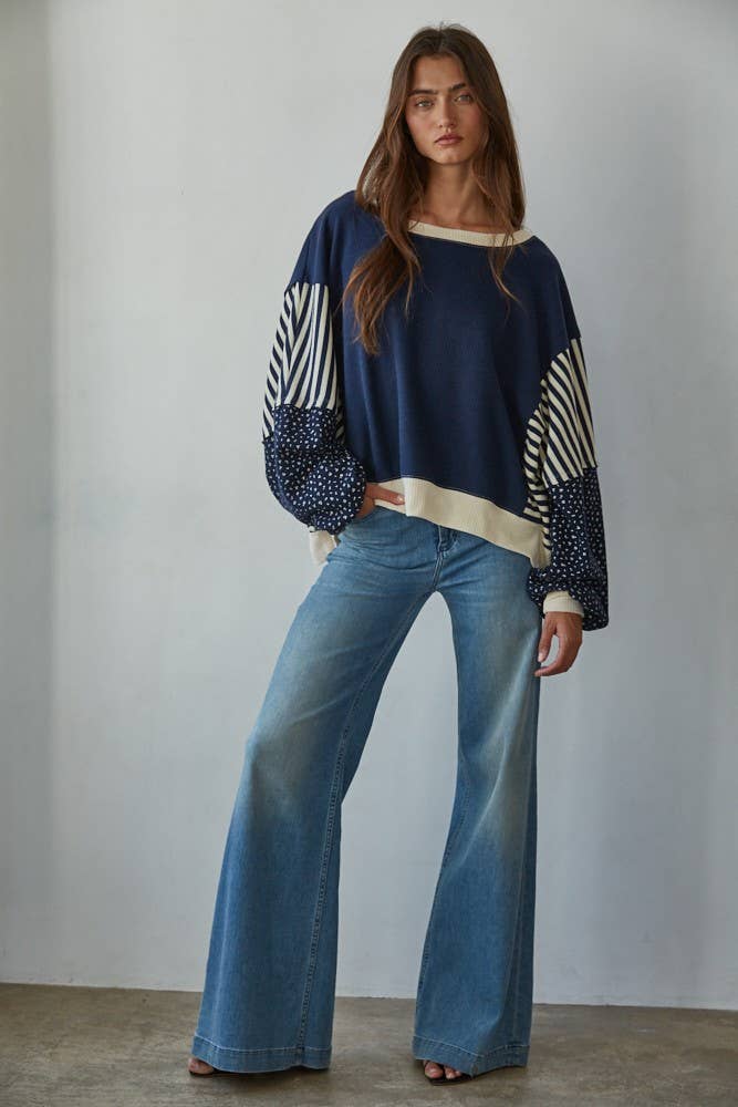 L8697 | Knit Cotton Polyester Striped Floral Long Sleeve: Navy Cream