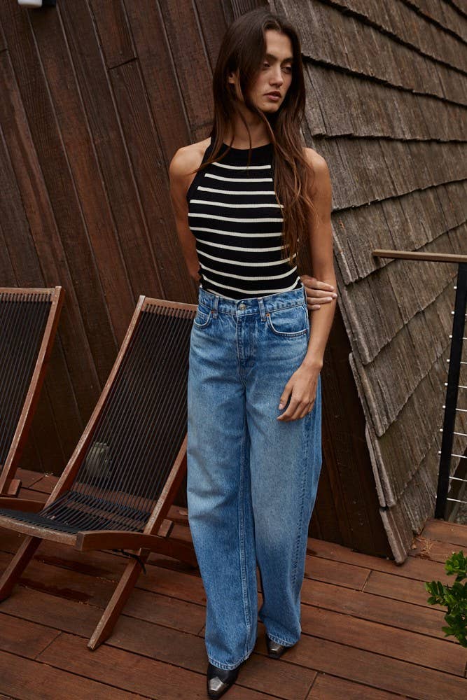 W1651 | Knit Sweater Ribbed Striped Tank Top: Cream Black