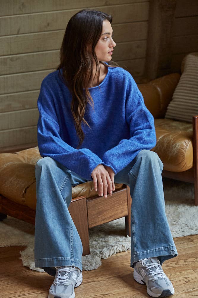 W2114 | Knit Sweater Rolled Round Neck Pullover Top: Off White / L