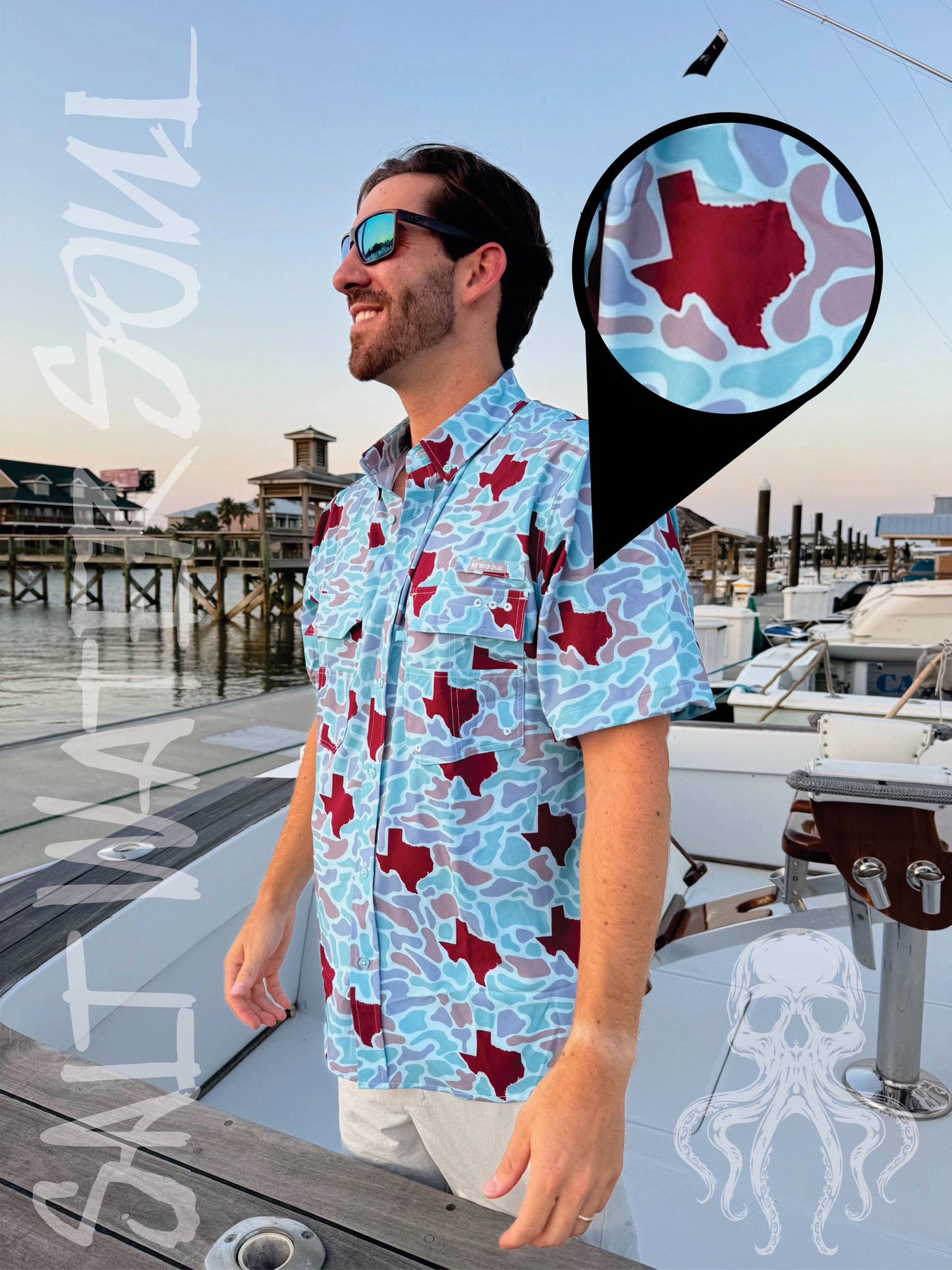 Texas Maroon Camo Fishing Shirt: L