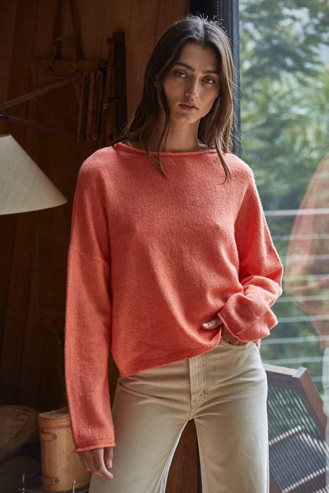 W2114 | Knit Sweater Rolled Round Neck Pullover Top: Off White / L