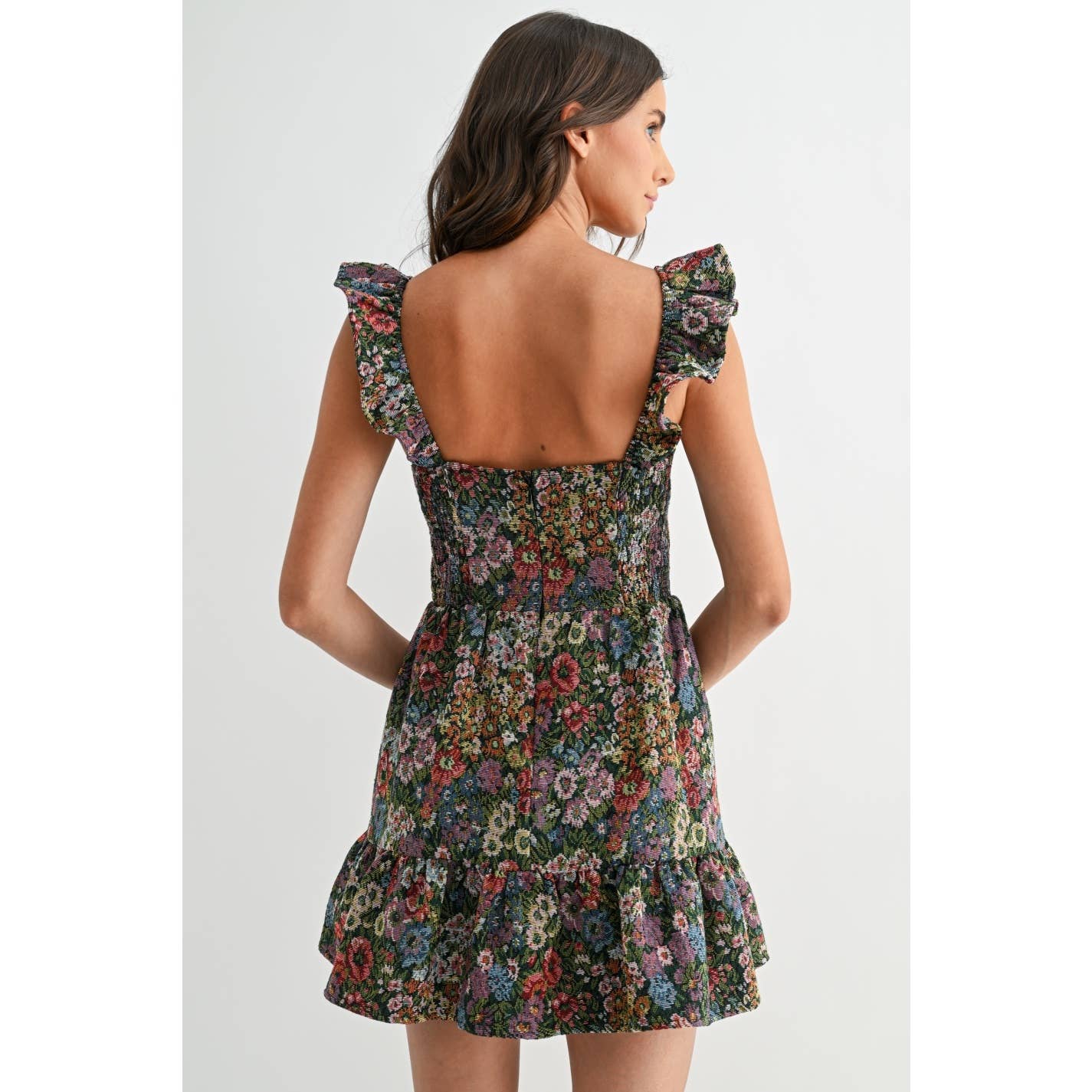 FLORAL JACQUARD RUFFLE MINI DRESS: BLACK/YELLOW MULTI