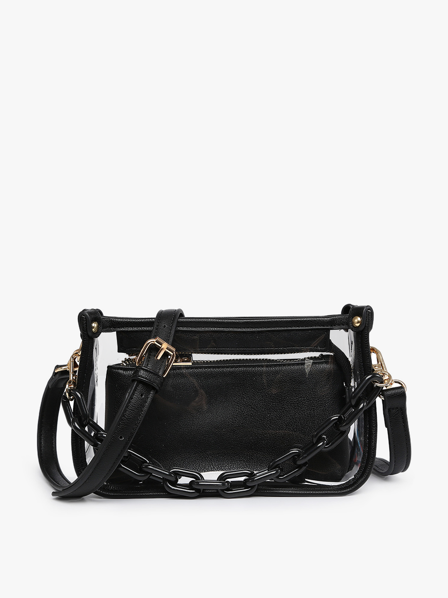 Black handbag with chain detail on a white background