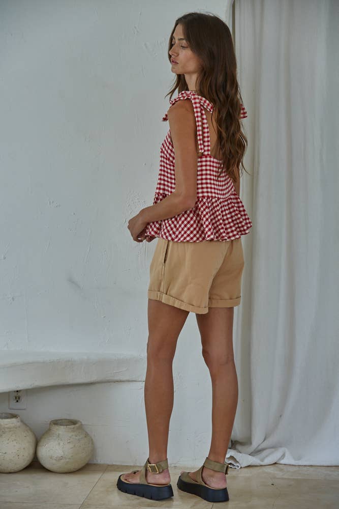Red Gingham Print Sleeveless Peplum Top