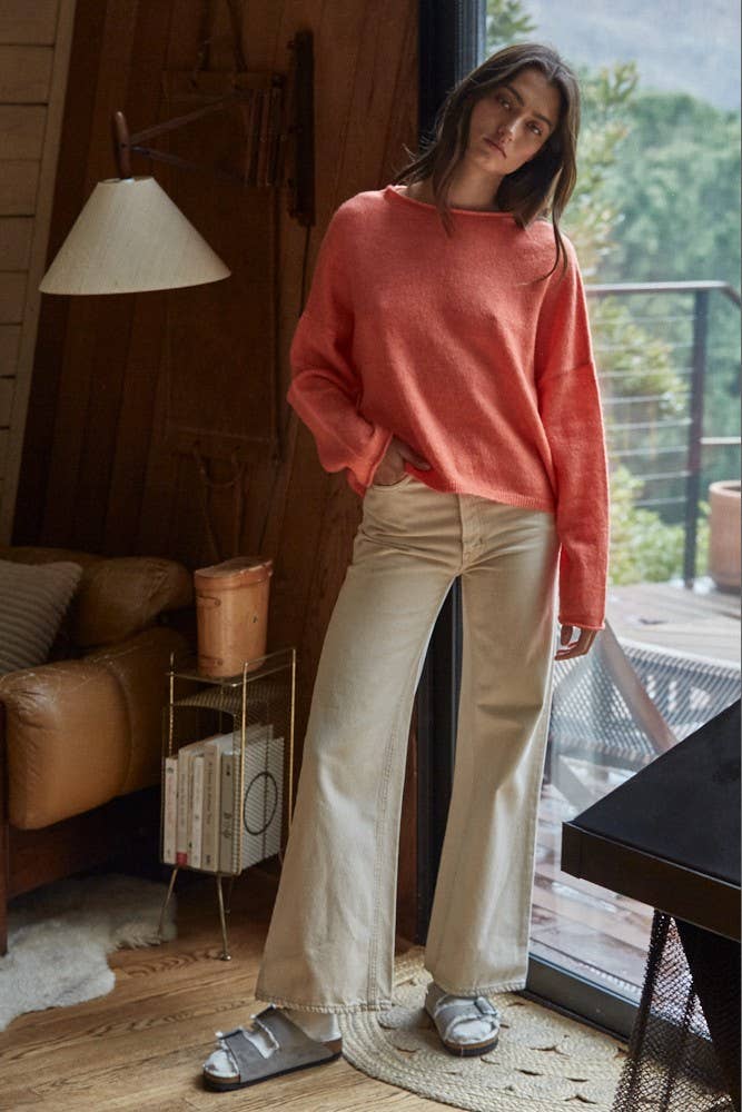 W2114 | Knit Sweater Rolled Round Neck Pullover Top: Off White / L
