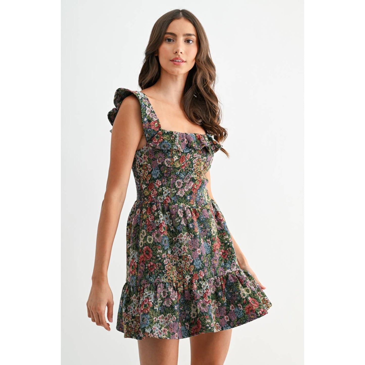 FLORAL JACQUARD RUFFLE MINI DRESS: BLACK/YELLOW MULTI