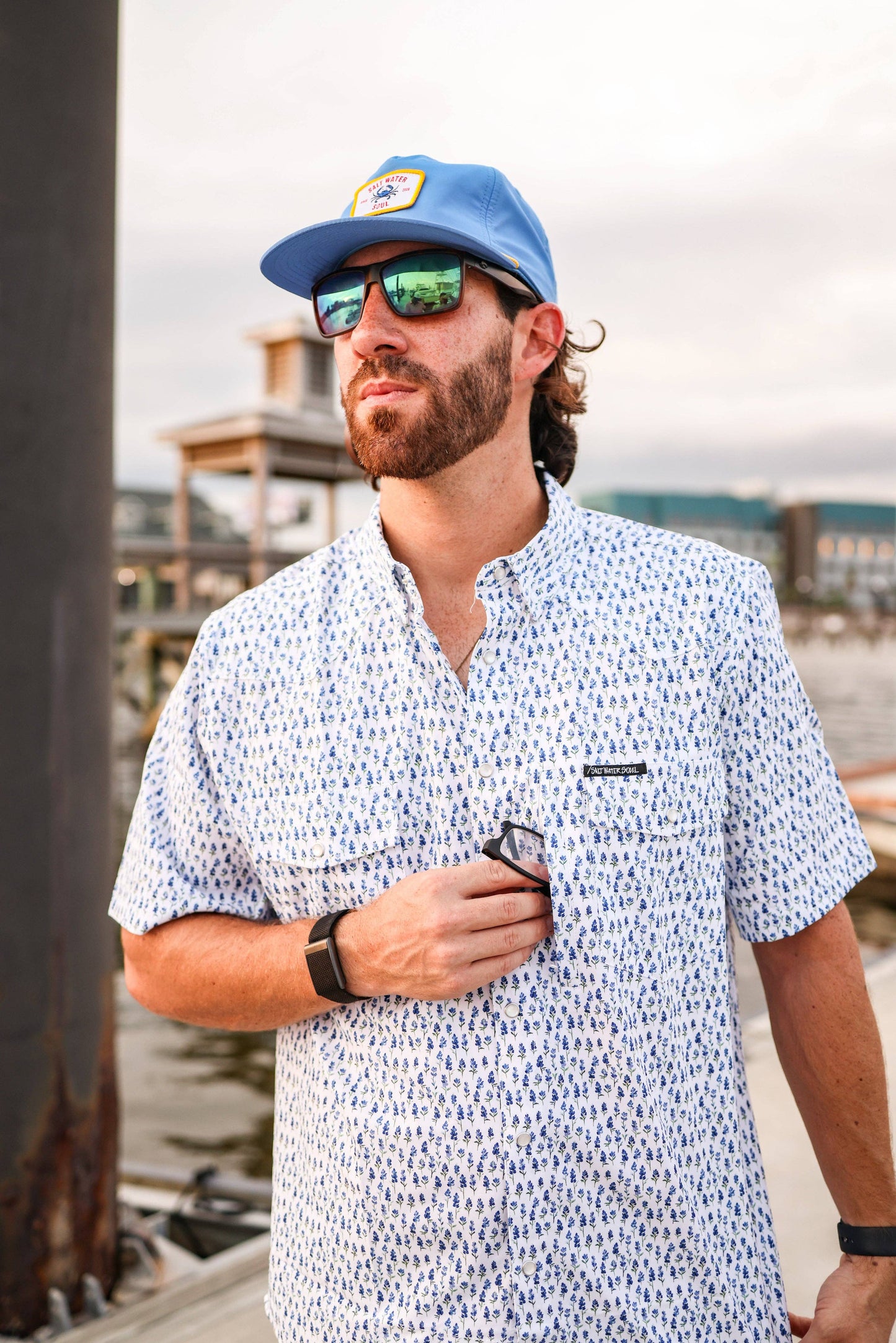 Blue Bonnet Pearl Snap Fishing Shirt: M