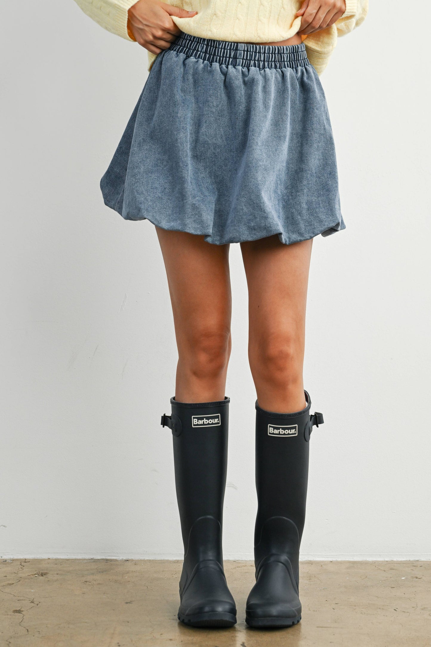 Denim Bubble Skirt – Elastic Waist Medium Wash Skirt