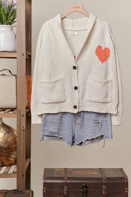 Collar Heart  V-Neck Pocket Knit Cardigan: Ivory / M