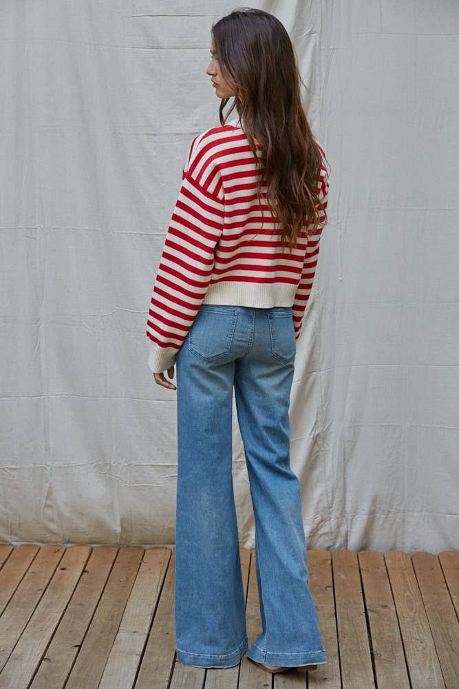 Knit Sweater Nylon Wool Acrylic Striped Pullover: Cream Navy